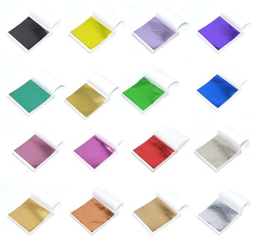 320 Stück Bunte Gold Blatt Imitation Blattgold Blattgold Blatt Mehrfarbige Goldfolie Imitation Gold Metallfolie für Gemälde Kunsthandwerk Nageldeko Möbel 16 Farben 9x9cm