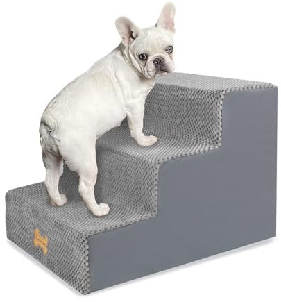 Nepfaivy Hundetreppe für Kleine Hunde 3-Stufig, Hundetreppe Hunderampe für Bett und Sofa aus Hochdichtem Schwamm, Haustiertreppe mit Abnehmbarem, Waschbarem Bezug und Rutschfestem Boden, 45x40x34cm