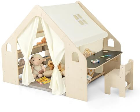 COSTWAY Kids Play Tent, Wooden Playhouse with Floor Mat, Blackboard, Storage Bin, Toddler Table and Chair Set for 3-6 Years Old