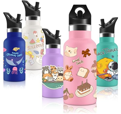 Vikaster Botella Agua Niños, con Tapade Popote y asa, Botella agua Acero Inoxidable, Sin BPA, 350ml, Botella Termica Reutilizable, para Adultos, Niños, Escuela, Ciclismo, Gym, Deportiva