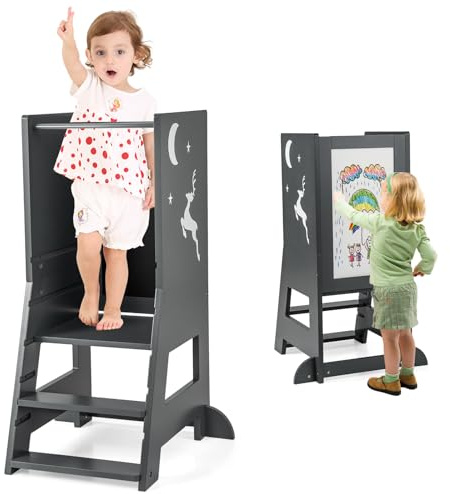 RELAX4LIFE 3 in 1 Torre Montessoriana per Bambini, Torre di Apprendimento Altezza Regolabile, Learning Tower con Lavagna Bifacciale e Piedini Antiribaltamento, per Bambini 1-7 Anni (Grigio)