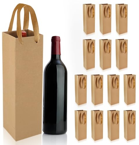 BNGXR Sacs Cadeaux en Papier Kraft pour Vin,Lot de 15 sacs en papier kraft pour bouteilles de vin avec poignées,Sac cadeau pour Noël, mariage, fête (35 x 9 x 11 cm)