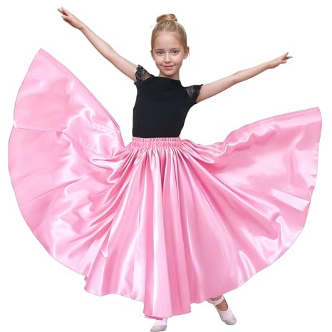 Baisdan Gonna per Danza del Ventre per Ragazze, Gonna Lunga in Raso Cerchio Completo per Danza del Ventre, Costume da Ballo Flamenco,Rosa 5-7 Anni