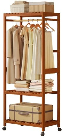 DODOBD Armario Abierto con Ruedas,Perchero Burro Ropa Madera Resistente,Perchero Bambu,Burro Madera con Zapatero,Perchero de Pie con 2 Estantes,Fácil Ensamblar,para Dormitorio Salon
