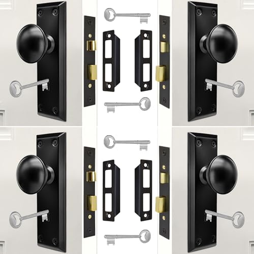 Eockatoo Mortise Lock Set Interior Door with Skeleton Key, Antique Vintage Door Knobs Replacement Hardware Fits 1-3/8 - 1-3/4 Thick Doors, Black, 4 Pack