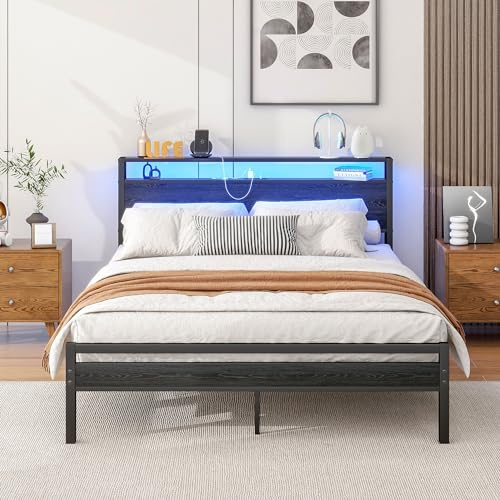 HOJINLINERO Letto 140 x 200 cm, con spazio di archiviazione e rete a doghe, struttura letto 140 x 200 cm, funzione ricarica USB e illuminazione a LED, moderno