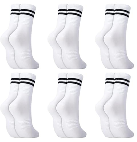 QILUCKY 6 Pairs Ladies Sports Socks, Ankle Crew Socks for Women, Gym Leisure Striped Mid-Calf Athletic, Cotton Breathable Moisture Socks (UK, Numeric, 4, 7, Regular, Regular, 6, white)