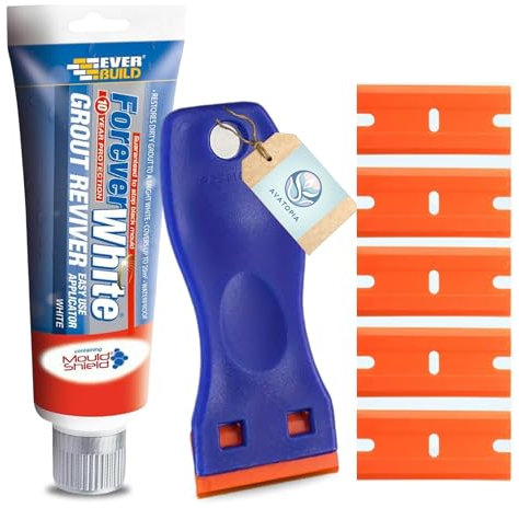 Ever build Forever White Grout Reviver 200ml Arctic White – Anti-Mould Tile Repair Kit with Plastic Scraper & 5 Blades – Whitener Pen for Bathroom, Kitchen, Sealer & Cleaner for Joints & Edges