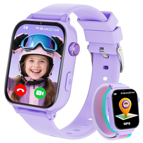 PTHTECHUS Montre Connectée Enfant, 4G GPS Montre Intelligente Enfants, Smartwatch Téléphone pour Fille Garçon avec Réveil, Caméra, Jeux, Cadeau 4 à 12 Ans, Magenta