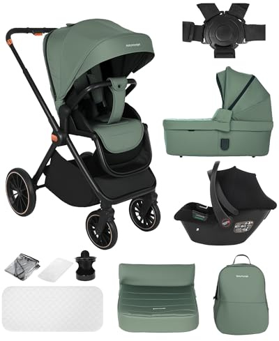 BabyVoyage passeggino 3 in 1, passeggino reversibile, Ruota rotante a 360°, Passeggino con chiusura veloce, seggiolino auto per neonati (da 40 a 85 cm)-vie 0-48 mesi Fino a 26 kg-verde