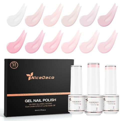 Nicedeco Builder Nail Gel Polish 12pcs, Long Lasting Soak Off U V Led Nail Base Colors Nude Pink Hard Strengthener Rubber Gel Extension Kit 1