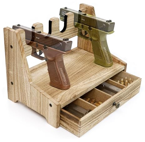 pexwo Wooden Pistol Rack with Drawer, 4-Slot Handgun Display Stand for Tabletop & Safe, Gun Holder Organizer with Soft Carpet Protection, Rustic Storage Gift for Men