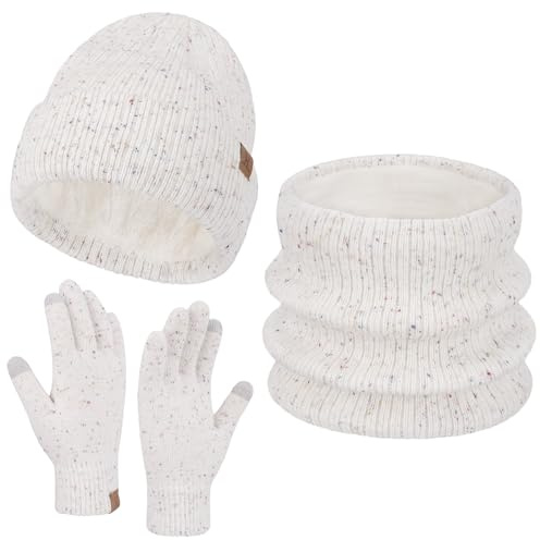 Bequemer Laden Conjunto Gorro Guantes Táctiles Bufandas Invierno Mujer - Beanie Tejido Caliente Polar, Calentador de Cuello, Guantes Trabajo Regalo Mujer