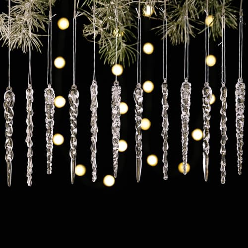 24pcs Christmas Tree Icicle Ornaments,3 Styles Clear Acrylic Icicle Drop Hanging Crystal Decorations for Xmas New Year Holiday Wedding Winter Party Decor