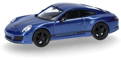 Herpa modellino Porsche 911 (991) Carrera 4S, miniatura in scala 1:87, pezzo da collezione, Made in Germany, modello in plastica, blu zaffiro