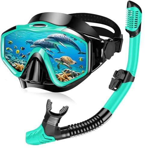 Snorkel Set Adults, Anti-Fog Panoramic Scuba Snorkelling Packages with Dry-Top Snorkel & Swimming Goggles for Diving, Swimming & Snorkeling (Indigo)