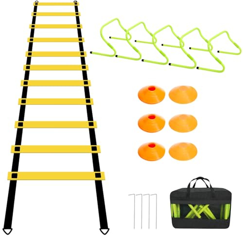 Monucep Set di accessori per l'allenamento del calcio con scala di coordinazione a 12 gradini e 6 ostacoli regolabili in altezza (20-30 cm), attrezzatura da allenamento per calcio, tennis, basket e