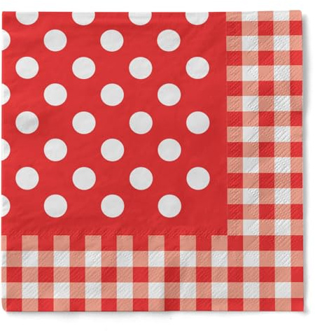 Sovie HOME Serviette Anton in ROT aus 3-lagigem Tissue, 33x33cm, 20 Stück, 1/4 Falz, Design weiße Punkte Karobordüre, hochwertig, festlich, dekorativ, Party, Feier