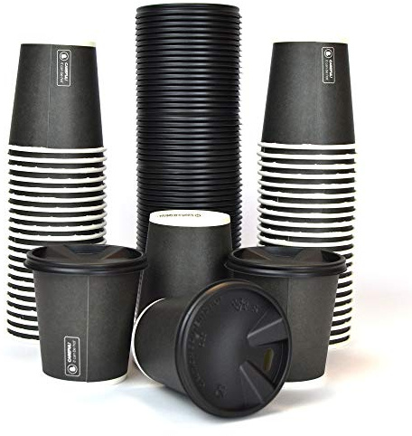 PZ 100 Bicchiere in Carta 4 OZ Nero Caffe' + PZ 100 Coperchio Nero con BECCUCCIO