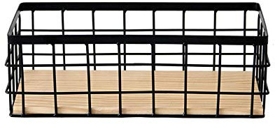 KiaoTime Metal Wire Storage Organizer Bin Basket, Home Kitchen Restaurant Coffee Bar Station Counter Sugar Sweetener Tea Packets Holder, Rustic Style Wire Grid Wooden Base Organizing Basket