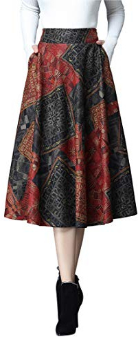 RIZ-ZOAWD Gonna Lunga Donna Casual Elegante Stampata Inverno Caldo Vita Elastica Midi Gonna Plissettata Lana Svasata A-Line Vita Alta Gonne Danzante 5-XL