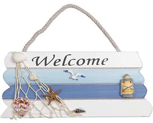 Cartel de bienvenida colgante para puerta, letrero welcome madera estilo de playa, placa de bienvenida, señal de bienvenida para colgar en la puerta, decoración del hogar(26.5 * 11.5 cm)