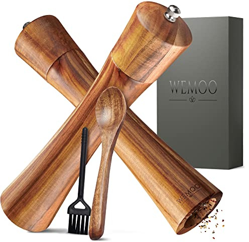 WEMOO® Salz und Pfeffermühle aus Holz sehr Gross (25,5 cm) | Gewürzmühlen mit robustem Keramikmahlwerk | Extra Befüllungslöffel und Reinigungspinsel | Set mit Pfeffer und Salzmühle