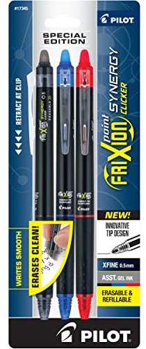 Pilot FriXion Synergy Clicker Erasable, Refillable, Retractable Gel Ink Pens, Extra Fine Point 0.5 mm, Pack of 3, Assorted Colors, FriXion Erasable Pens 0.5 - Ideal for School & Office Writing