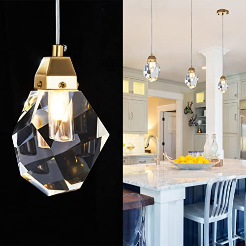 KOKAiZeeKi 1-Light Diamond Crystal Pendant Light, Mini Ceiling Hanging Light in Gold Brushed Brass Finish Prism Crystal Color Changing Led Hanging Light for Kitchen Island Bathroom Bedroom Bar