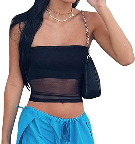 QKEPCY Canotte Donna Estive Tank Top Canotta Fascia Bandeau Trasparente Maglietta Senza Maniche T Shirt Camicia Estiva Abbigliamento Elegante Cotone Casual Moda