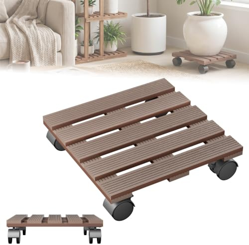 ACXIN WPC Rouleau de plantes Ø 30 x 30 cm, planche à roulettes pour plantes d'intérieur et d'extérieur, charge maximale 100 kg avec frein (marron, carré)
