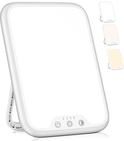 VTHW Tageslichtlampe, 10000 Lux Lichttherapielampe mit Memory Funktion, 4 Timer, 3 Lichtfarben Sonnenlicht Lampe mit Knopf-Steuerung, Stufenlosem Dimmen, 90° Halterung, für Hause/Büro