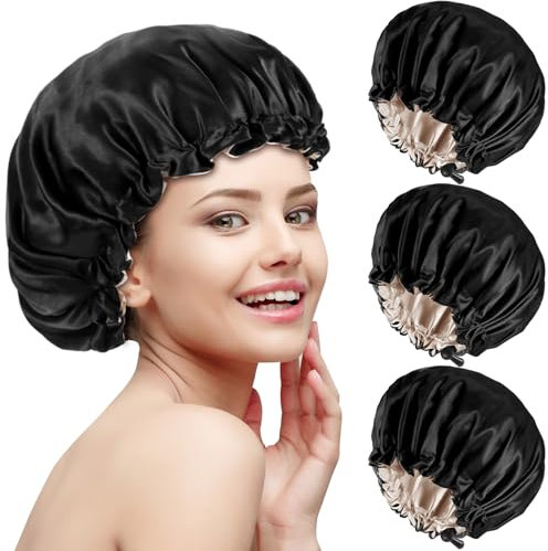 3 Stück Schlafhaube Seide aus Doppelschicht, Seidenhaube zum Schlafen Damen Silk Bonnet Satin Haarhaube für Die Nacht(Schwarz)