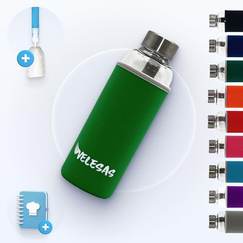 Velesas® drinking bottle 1l | 500ml with protective cover | 500ml dishwasher-safe glass bottle with neoprene cover and stainless-steel lid | for school, work, fitness sports, BPA-free | Light green