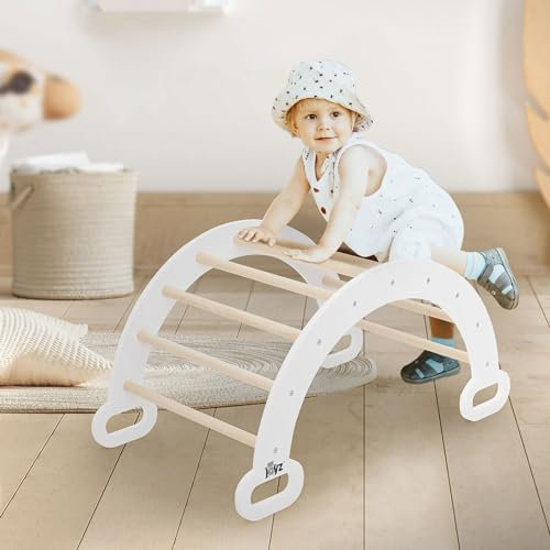 Joyz Arche d'escalade pour Enfants, Blanc, Bascule en Bois, 74x41x38,5 cm, Échelle pour Entraînement à l'Équilibre, Bébé à partir 1 an, Arc à Grimper, Jouets Montessori, Intérieur/Extérieur