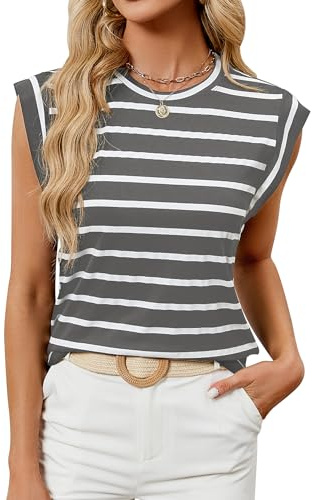 BelleDila Ete Tunique Longue Chic Débardeurs Chemisier Femmes sans Manches | Blouse Femme Chic et Elégant Ample Chemises de Plage Fête Couleur Unie ou Rayures Noir Blanc Tee shirt Col Rond Décontracté