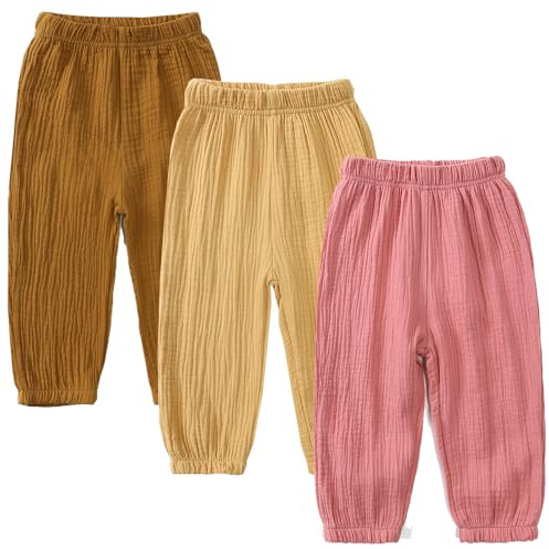 GFQLONG Toddler Baby Girls 3 Pack Elastic Waist Pants Soft Cotton Linen Harem Bloomers Summer Fall Long Pants,Pink+Yellow+Brown,4-5T