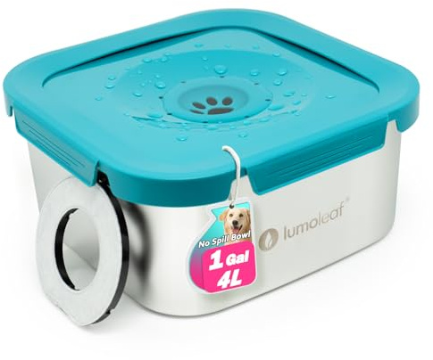 LumoLeaf Cuenco de agua antiderrames para perros grandes con filtro, 4 L, azul, alimentador lento para bebedores desordenados, sin goteo y a prueba de salpicaduras, para hogares con varios perros
