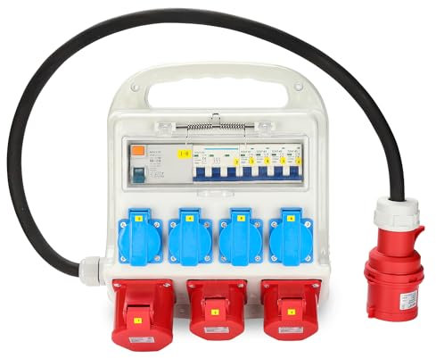 Yakimz distributeur mural avec disjoncteur FI, distributeur de courant de chantier 2x CEE 400V/16A+4x 230V Schuko IP44 5 pôles, câble en caoutchouc alimentation en courant, avec couvercle de sécurité