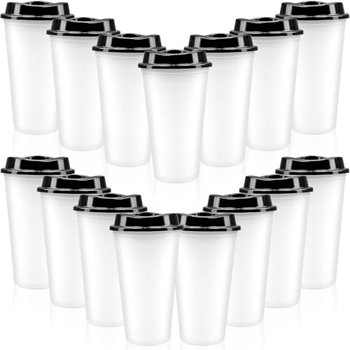 MSYU 15 Pack Reusable Coffee Cups with Lids Reusable Hot Cups Bulk 16 oz Plastic Tumblers Cup with Lids for Hot Drink Travel Coffee Mug with Lid to Go Coffee Cups (White with Black Lid)