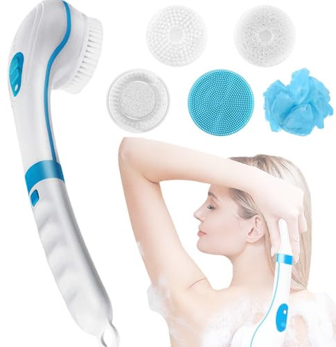 XUBX Brosse De Douche éLectrique, Brosse Rotative Pour La Peau Avec 5 Têtes De Brosse, Avec Long Manche Brosse Exfoliante Corps à 360°, Brosse De Nettoyage étanche IPX7 à 6 Vitesses, Brosse Dos