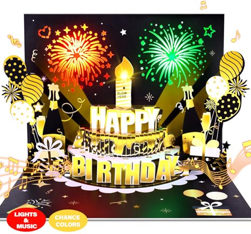 Happy Birthday Cards, 3D Pop-Up Firework Card with Music & LED Lights, DIY Age Gifts for Mom, Women, Men, Kids, Dad, Father, Wife