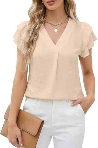 Teesho Camicetta da donna a maniche corte, elegante, estiva, con volant, colletto alto, da lavoro, a tunica, a maniche corte, A1-albic, S