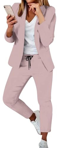 Dam 2-delad outfit | solid blazer med öppen framsida och pennbyxor kostymset | Dubbelbröstat skåra eleganta affärskontor för kvinnor set | arbetsblazerbyxor för bröllopsgäster, Rosa, M