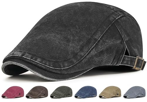 Initlove Mens Newsboy Cap Washed Beret Ivy Hat Flat Hats for Cabbie Driving Black