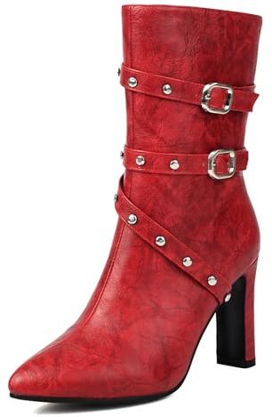 Stivaletti con Borchie in Pelle PU da Donna con Fibbia Tacco Alto Grosso Punk Stivaletti Punta Appuntita Stivali Corti con Cerniera,Rosso,38.5 EU