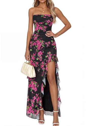 BTFBM Off The Shoulder Dresses for Women Summer 2026 Strapless Ruffle Sundress Slit Formal Cocktail Wedding Guest Dress(Floral Black Pink, Medium)
