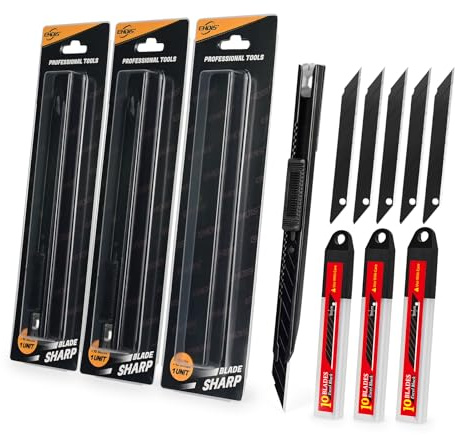 EHDIS Cuchillo Profesional Kit - 3 Cutter Pequeño con 30 Cuchillas de Recambio 9MM, Sistema de Bloqueo, para Cortar Papel, Cartón, Cortes de Precisión