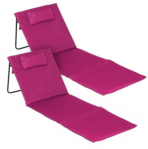 Spetebo Strandmatta, set om 2, vikbar med justerbart ryggstöd – rosa – vikbar liggmatta 145 x 48 cm med kudde – trädgårdsstol, strandmatta, solmatta för trädgård, camping, picknick, resor, semester
