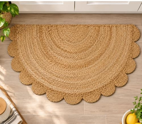 SARVAA Handmade Scalloped Half Moon Jute Doormat 40 x 80 cm | Natural Woven Semi Circular Door Mat for Entryway, Hallway & Kitchen